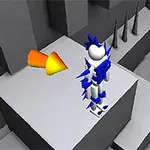 En figur med blå pigge står på en grå platform ved siden af orange pil, omgivet af dybe kløfter og pigge