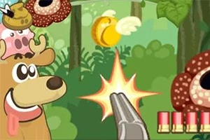 Tegneseriefigur af en elg og en pistol, der skyder mod flyvende mønter i en skovscene med andre dyr