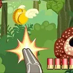Tegneseriefigur af en elg og en pistol, der skyder mod flyvende mønter i en skovscene med andre dyr