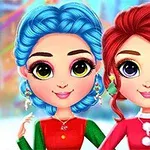 To animes figurer med store øjne, en med blåt hår og den anden med rødt hår, iført farverige vinteroutfits