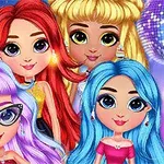 Fire animerede figurer med farverige frisurer og stilfuldt tøj står foran en baggrund med discokugler