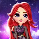 En animeret figur med langt rødt hår, iført en glitterkjole, med en galaksebaggrund fyldt med stjerner