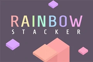 Farverigt blokdesign med teksten Rainbow Stacker mod en mørk baggrund