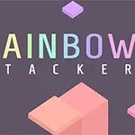 Farverigt blokdesign med teksten Rainbow Stacker mod en mørk baggrund