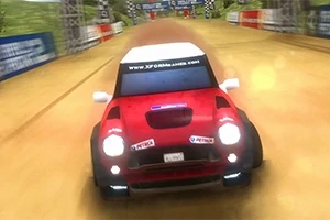 Rally Point 2 Rød bil med hvidt tag jager ned ad en jordvej mellem bannere og målflag