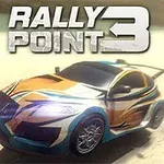 Rally Point 3 En farverig sportsvogn kører gennem et sandet terræn med teksten Rally Point 3 i toppen