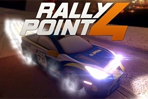 Rally Point 4 En rallybil med skinnende forlygter kører med høj fart om natten, med teksten Rally Point 4 ovenover
