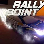 Rally Point 4 En rallybil med skinnende forlygter kører med høj fart om natten, med teksten Rally Point 4 ovenover