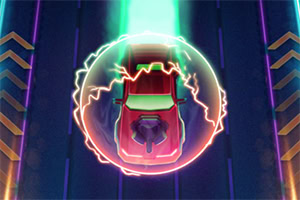 En rød bil omgivet af en energikuppel på en oplyst vej med neoneffekter