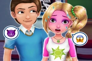 En animeret dreng og pige står sammen; drengen smiler, mens pigen ser chokeret ud, med emojis af en lilla djævel og et forskrækket ansigt ved siden af dem