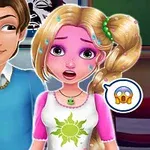 En animeret dreng og pige står sammen; drengen smiler, mens pigen ser chokeret ud, med emojis af en lilla djævel og et forskrækket ansigt ved siden af dem