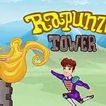 En prins springer mod en tårnprinsesse med langt gyldent hår ved en murstensmur, med bjerge i baggrunden og teksten Rapunzel Tower øverst
