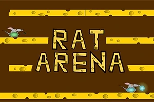 To mus med grønne kugler mødes omkring teksten RAT ARENA på en brun baggrund med gule, ostelignende elementer