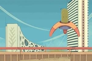 En futuristisk scene med høje bygninger i baggrunden og en orange og grøn droneformet figur svævende i luften