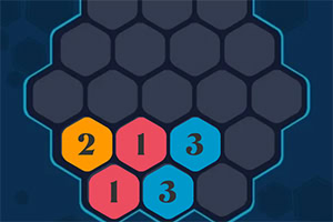 Hexagonale brikker med tallene 2, 1 og 3 i forskellige farver på en mørk baggrund