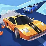 Gule og blå sportsvogne kører på en stiliseret, polygonal bane med skyformationer i baggrunden