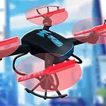 Sort og rød drone svæver foran en sløret bybaggrund