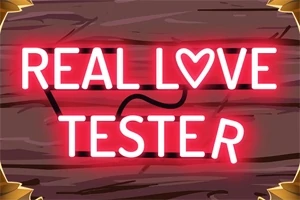 Neonlysende ord REAL LOVE TESTER på en træbaggrund med hjertemotiv integreret i teksten