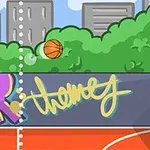 En tegneserie-illustration af en basketballbane med en bold i luften, grønne træer og bybygninger i baggrunden