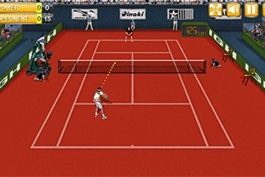 To spillere på en rød tennisbane med publikum i baggrunden, set i fugleperspektiv