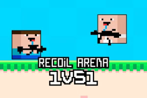 To pixelkarakterer med våben står overfor hinanden på en græsbevokset platform med teksten Recoil Arena 1v1 nedenunder