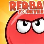 En rød bold med et ansigt og et bestemt udtryk foran en gul baggrund med teksten Red Ball Forever øverst