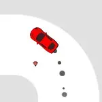 Rød bil drifter rundt et skarpt, hvidt hjørne med en brændstofdunk ved siden af