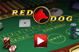 Kasino-bord layout med spillekort, jetoner og tekst samt en rød play-knap i forgrunden