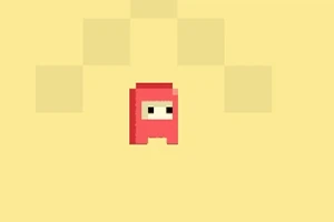 Rød pixelkarakter på beige baggrund med firkantede mønstre ovenfor