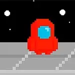 Rød pixelkarakter med hjelm står på en grå platform i rummet med stjerner i baggrunden