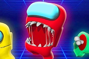 Tre farverige figurer mod en neon-blå baggrund, hvoraf den røde har en åben mund med skarpe tænder