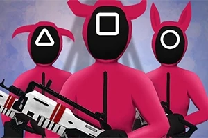Tre personer i lyserøde dragter med sorte masker, der har geometriske symboler og holder legetøjsvåben