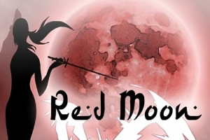 Silhuet af en person med et sværd foran en rød måne med teksten Red Moon i forgrunden