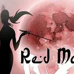 Silhuet af en person med et sværd foran en rød måne med teksten Red Moon i forgrunden