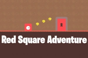 Rød firkantet figur foran en rød dør med en lås, omgivet af gule objekter, med teksten Red Square Adventure nedenunder