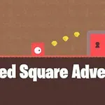 Rød firkantet figur foran en rød dør med en lås, omgivet af gule objekter, med teksten Red Square Adventure nedenunder
