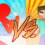 Rød pindemand konfronterer pixel-karakter med ordet VS i midten, på en farverig baggrund med lyn