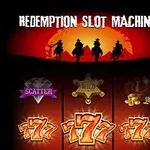 Tre cowboys ridder mod en rød solnedgang over en slotmaskine med symbolerne scatter, wild, en hat, guldmønter og tallet 7