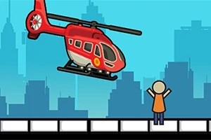 Rød helikopter i nærheden af en stick-figur med armene oppe, mod en bysilhuet