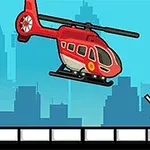 Rød helikopter i nærheden af en stick-figur med armene oppe, mod en bysilhuet