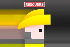 Tegnet figur med gul hjelm og skæg set fra siden, under et rødt skilt med teksten RESCUERS