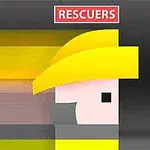 Tegnet figur med gul hjelm og skæg set fra siden, under et rødt skilt med teksten RESCUERS