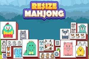 Farverige tegnefilmbrikker med forskellige dyr, inklusiv en ko, gris og fugl, stablet mod en blå baggrund med teksten Resize Mahjong øverst