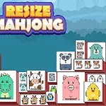 Farverige tegnefilmbrikker med forskellige dyr, inklusiv en ko, gris og fugl, stablet mod en blå baggrund med teksten Resize Mahjong øverst