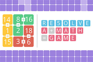 Farverige tal og matematiske symboler arrangeret i et gitter, med teksten RESOLVE A MATH GAME til højre