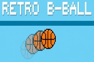 Pixelgrafik af en basketball med bevægelseseffekt og teksten Retro B-Ball på en lys blå baggrund