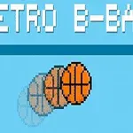 Pixelgrafik af en basketball med bevægelseseffekt og teksten Retro B-Ball på en lys blå baggrund