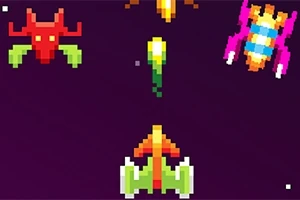 Pixel-art rumskibe og væsner i retro-stil på en mørk baggrund