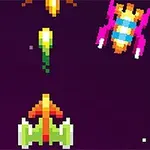 Pixel-art rumskibe og væsner i retro-stil på en mørk baggrund