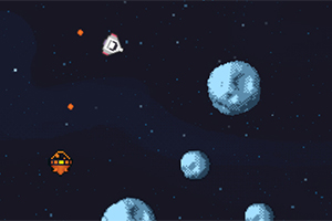 Rumskib skyder mod asteroider blandt stjerner i et pixeleret rummetema